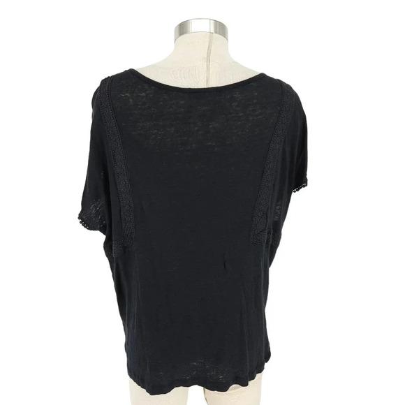 NYDJ Tee Shirt Linen Charcoal Short Sleeve Lace Trim Scoop Neck Boho Top - Picture 4 of 7